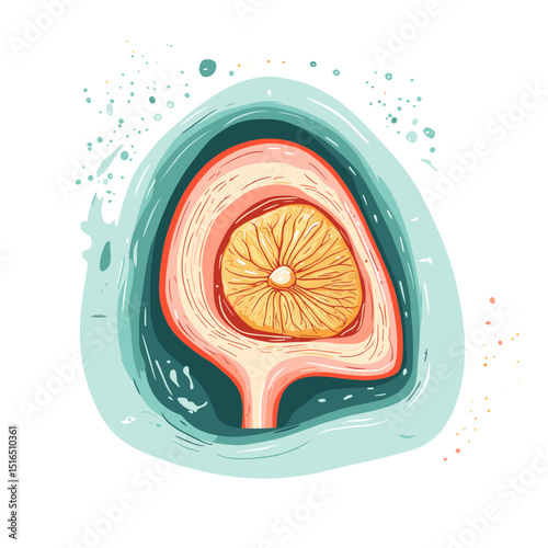 Cross Sectional Mushroom Illustration with Earthy Tones and Light Teal Accents and Watercolor Splash Elements on White Background