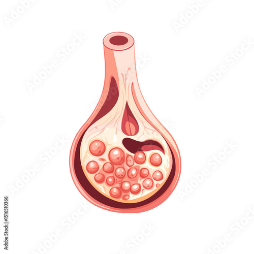 Detailed Alveolus Cross Section Illustration of Pulmonary Anatomy for Respiratory Function and Cellular Oxygen Exchange on White Background