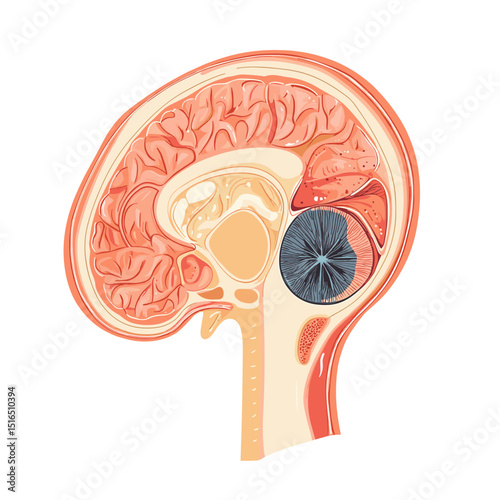 Detailed Anatomical Brain Section Medical Illustration in Pink and Gray Depicting Cerebral Structures with Sagittal Cross Section in White Background