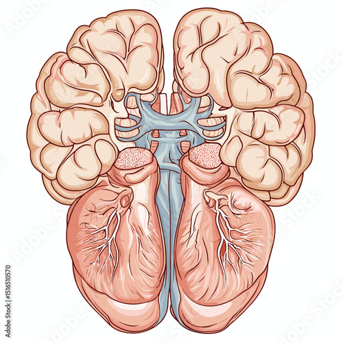 Detailed Anatomical Illustration of a Human Brain with Visible Cerebrum Cerebellum and Brain Stem in Light Pastel Hues on White Background