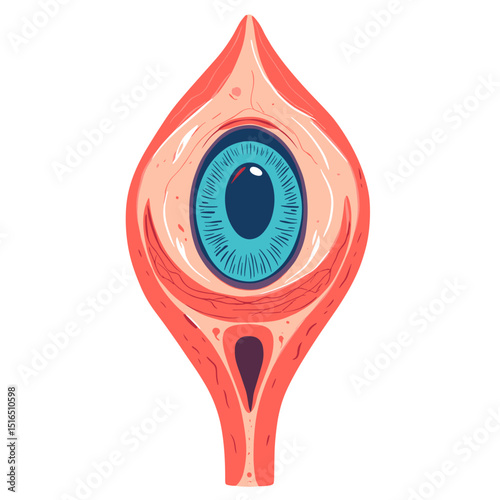 Detailed Anatomical Illustration of a Human Eye Featuring the Iris Pupil and Optic Nerve in Cross Section on White Background