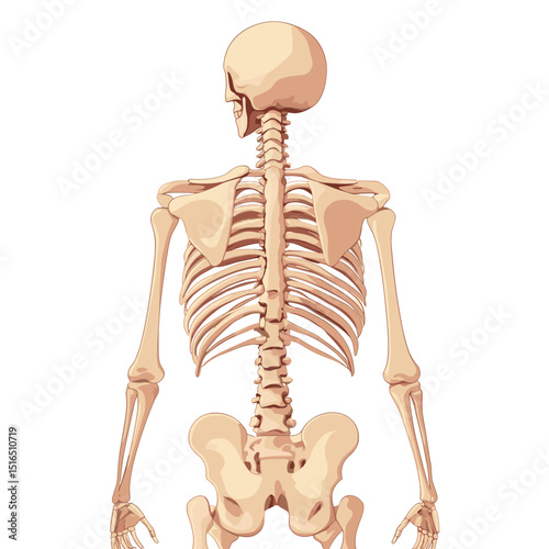 Detailed Anatomical Illustration of a Human Skeleton From the Back in Neutral Background for Educational Use