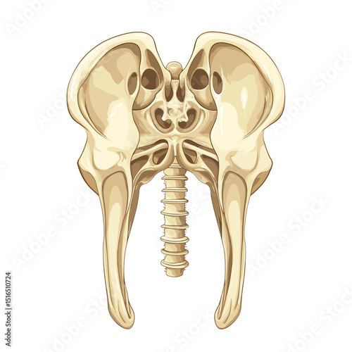 Detailed Anatomical Illustration of a Human Pelvis Bone Structure Featuring Spine on A White Background