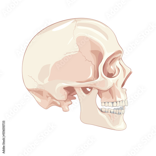 Detailed Anatomical Illustration of a Human Skull on White Background Medical Accuracy and Scientific Bone Structure with Realistic Profile View