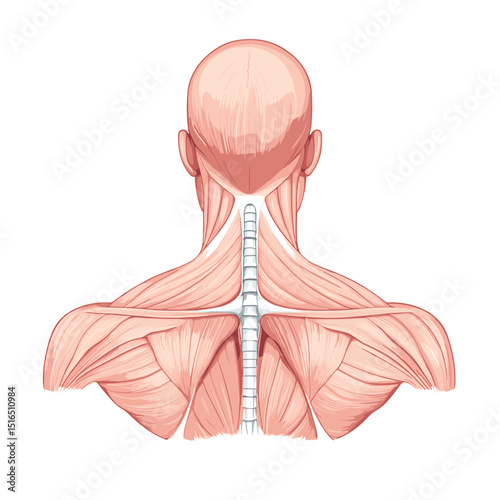 Detailed Anatomical Illustration of Human Back Muscles and Skeletal Structure on White Background for Medical or Educational Use