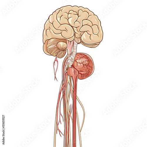 Detailed Anatomical Illustration of Human Brain Spinal Cord and Nervous System in Tan and Red on White Background