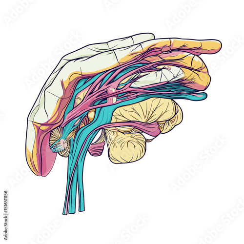 Detailed Anatomical Illustration of Human Cerebrum Cerebellum Spinal Cord and Nerves in Teal Yellow and Pink Colors on White Background