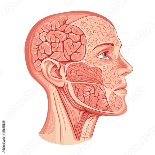 Detailed Anatomical Illustration of Human Head and Brain Structure in Red and White Colors on White Background