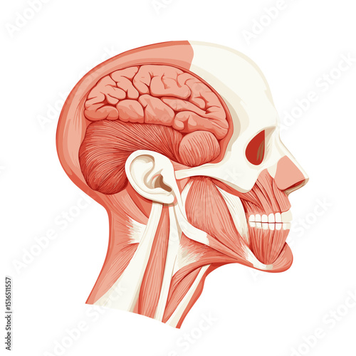 Detailed Anatomical Illustration of Human Head Featuring Skull Brain and Muscles with Medical Precision on White Background