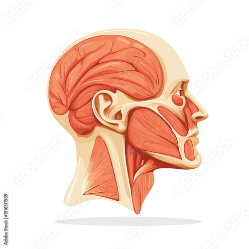 Detailed Anatomical Illustration of Human Head Muscles in Peach Tones on White Background Showing Facial Structure and Muscular System