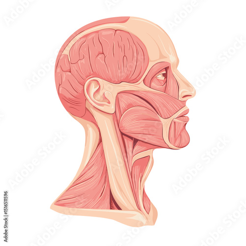 Detailed Anatomical Illustration of Human Head Musculature in Red Tones Showing Facial and Neck Muscles Against White Background