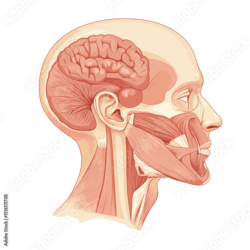 Detailed Anatomical Illustration of Human Head Showing Brain Muscles and Skull Structure in Beige Tones