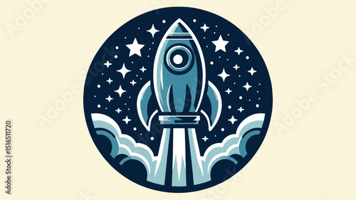 a logo that features a retro-inspired rocket ship, shades of blue and grey,