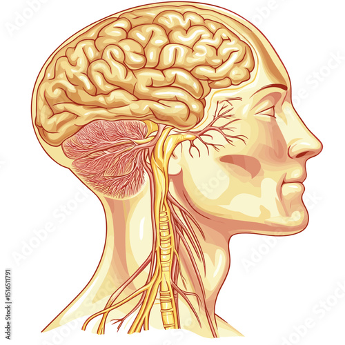 Detailed Anatomical Illustration of Human Head with Brain Nervous System and Internal Organs for Medical Healthcare Educational Purposes