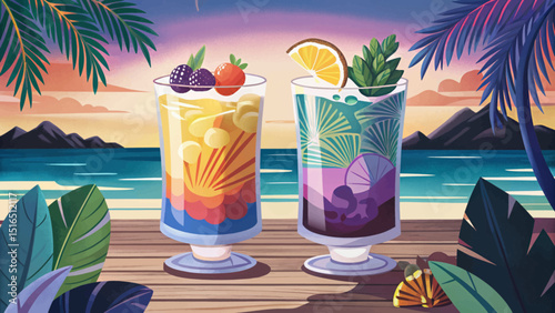 Amazing bundle of colorful exotic refreshing cold cocktails on beach illustration vector