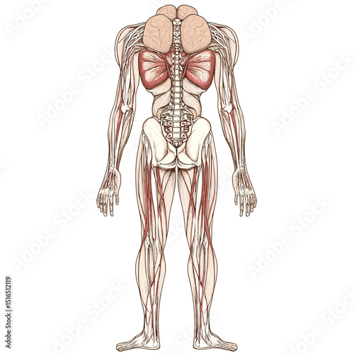 Detailed Anatomical Illustration of Human Muscular and Skeletal Systems with Internal Organs in Muted Beige and Red Tones on White Backdrop