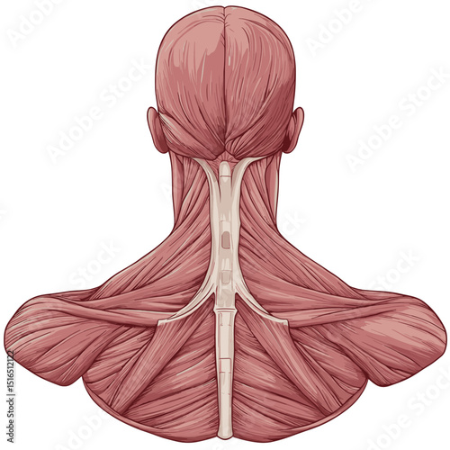 Detailed Anatomical Illustration of Human Neck and Back Muscles in Light Brown Hue on White Background for Educational and Medical Purposes