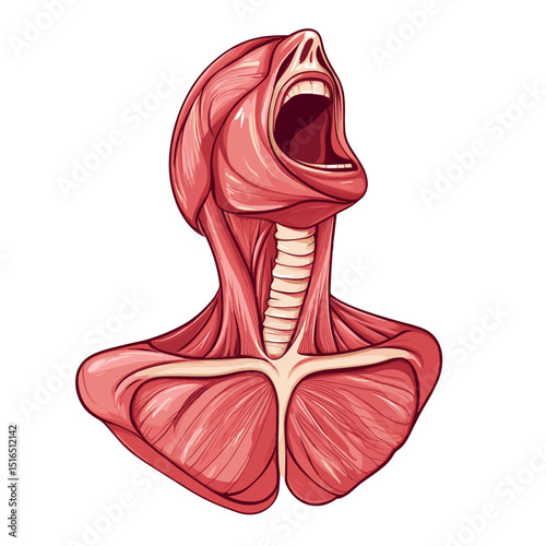 Detailed Anatomical Illustration of Human Neck and Upper Torso Musculature in Light Red Tones