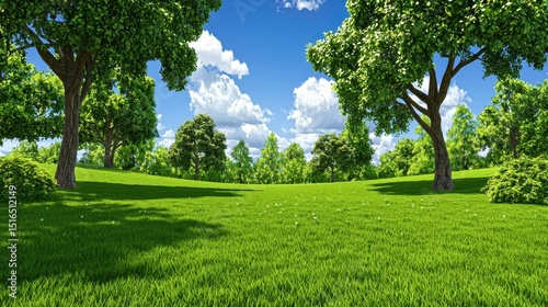 Vibrant green grass field under a bright sunny sky, lush green trees in background, creating a serene and peaceful landscape. Sunlight casts shadows on the grass, enhancing the natural beauty.