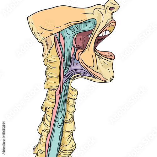 Detailed Anatomical Illustration of Human Throat Including Esophagus Larynx and Trachea in Educational Diagram on White Background