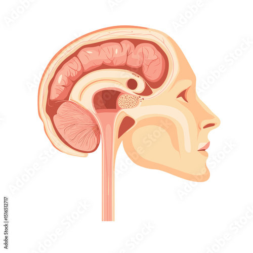 Detailed Anatomical Illustration of the Human Brain Sagittal Section with Internal Structure of the Human Head in Medical Scheme