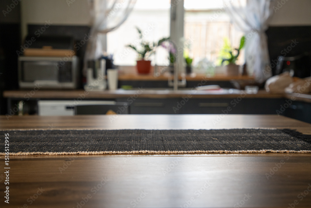 Obraz premium blurred kitchen interior and desk space