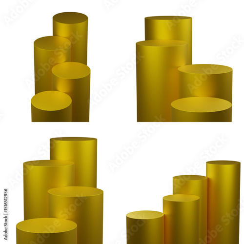 3d Render Set of 4 cylinder podiums in gold color. transparent background.