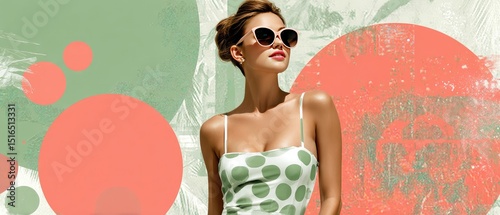 Wallpaper Mural Stylish Woman in Polka Dot Dress with Sunglasses Posing Against Artistic Backdrop Torontodigital.ca