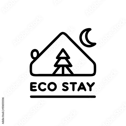 Eco stay label tent tree moon in minimalist design  