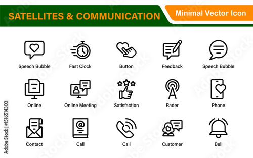 Modern Satellites and Communication Icons – Clean Outline, Line Art, Vector Illustrations for Space Exploration, Technology, and Communication Systems