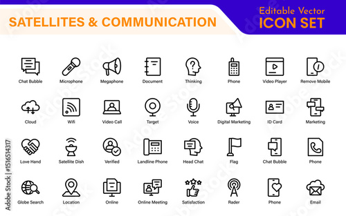 Modern Satellites and Communication Icons – Clean Outline, Line Art, Vector Illustrations for Space Exploration, Technology, and Communication Systems