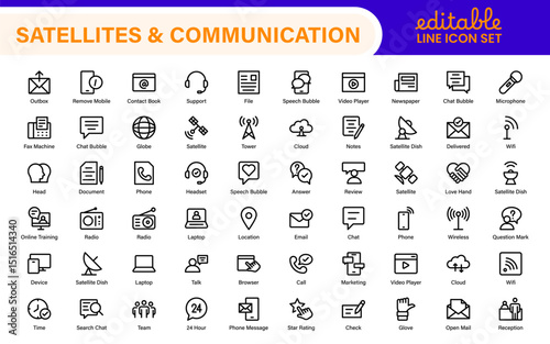 Modern Satellites and Communication Icons – Clean Outline, Line Art, Vector Illustrations for Space Exploration, Technology, and Communication Systems