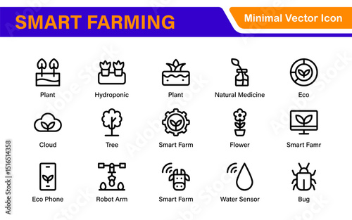 Modern Agritech and Smart Farming Icons – Clean Outline, Line Art, Vector Illustrations for Farm Technology, Automation, and Sustainable Agriculture Projects