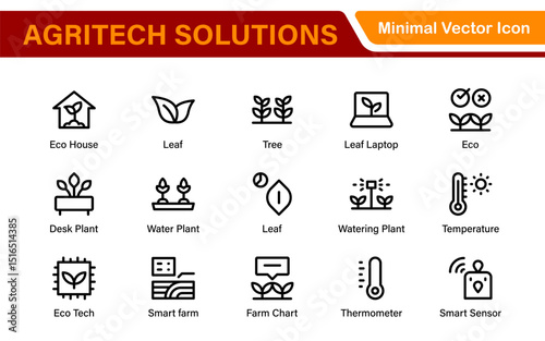 Modern Agritech and Smart Farming Icons – Clean Outline, Line Art, Vector Illustrations for Farm Technology, Automation, and Sustainable Agriculture Projects