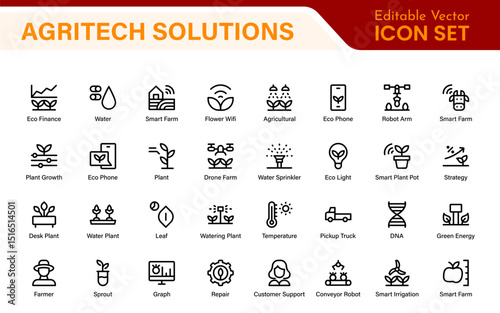 Modern Agritech and Smart Farming Icons – Clean Outline, Line Art, Vector Illustrations for Farm Technology, Automation, and Sustainable Agriculture Projects