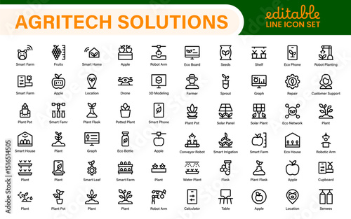 Modern Agritech and Smart Farming Icons – Clean Outline, Line Art, Vector Illustrations for Farm Technology, Automation, and Sustainable Agriculture Projects