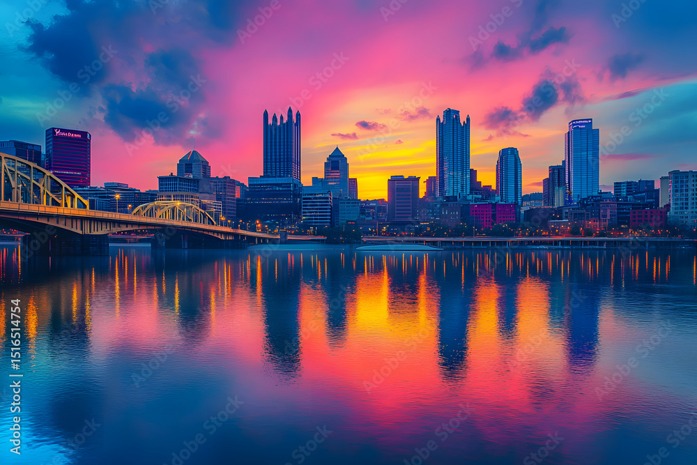 Obraz premium City skyline reflecting in river with a beautiful sunset in the background