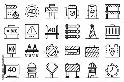 High quality line icons depicting road barriers traffic safety elements and related signage for design projects