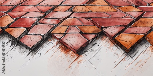 Crushed brick patterns in geometric sections over dusty rose and sienna fields on plain white background