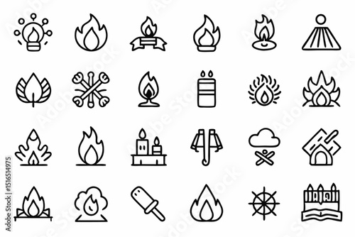 High quality line icons depicting bonfire fireplace and flaming elements for design projects