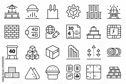 High quality line icons depicting various building materials specifically focusing on concrete components and construction elements