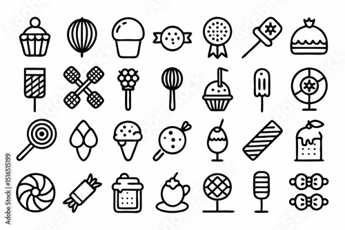 A single line art icon depicting various sweet treats lollipops candies and sugary delights