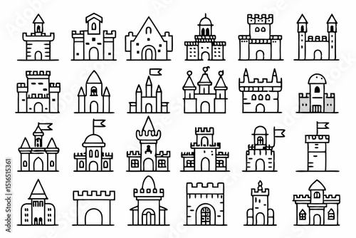 High quality line art icons depicting a medieval castle fort and palace