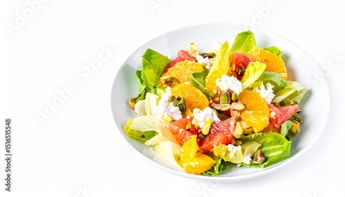Citrus fruit and chicory salad with ricotta and pistachios isolated on white background, winter greens, gourmet appetizer, copy space