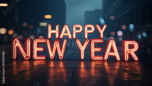 Scritta Happy New Year di capodanno fatta da tubi di luce al neon in una città