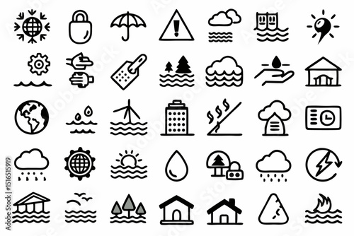 Flood river water natural disaster line icons a set of high quality graphic elements