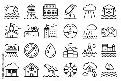 High quality line icons depicting flooding river water and natural disaster scenes