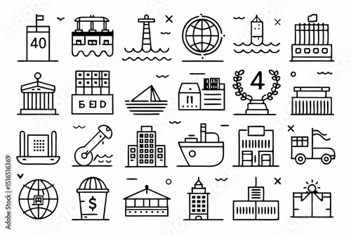 High quality line icons depicting harbor port sea and container shipping elements