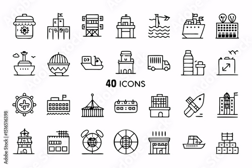 High quality line icons depicting harbor port sea and container shipping elements
