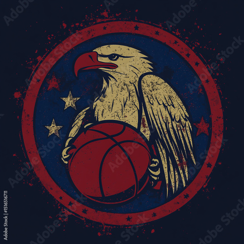Vintage varsity basketball team logo featuring a powerful eagle clutching a basketball with distressed textures in a circular badge design.